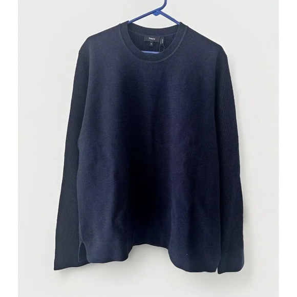 Theory Sweater Mens XL Blue Organic Cotton Ribbed Walton Crewneck Luxury Classic - Picture 2 of 5